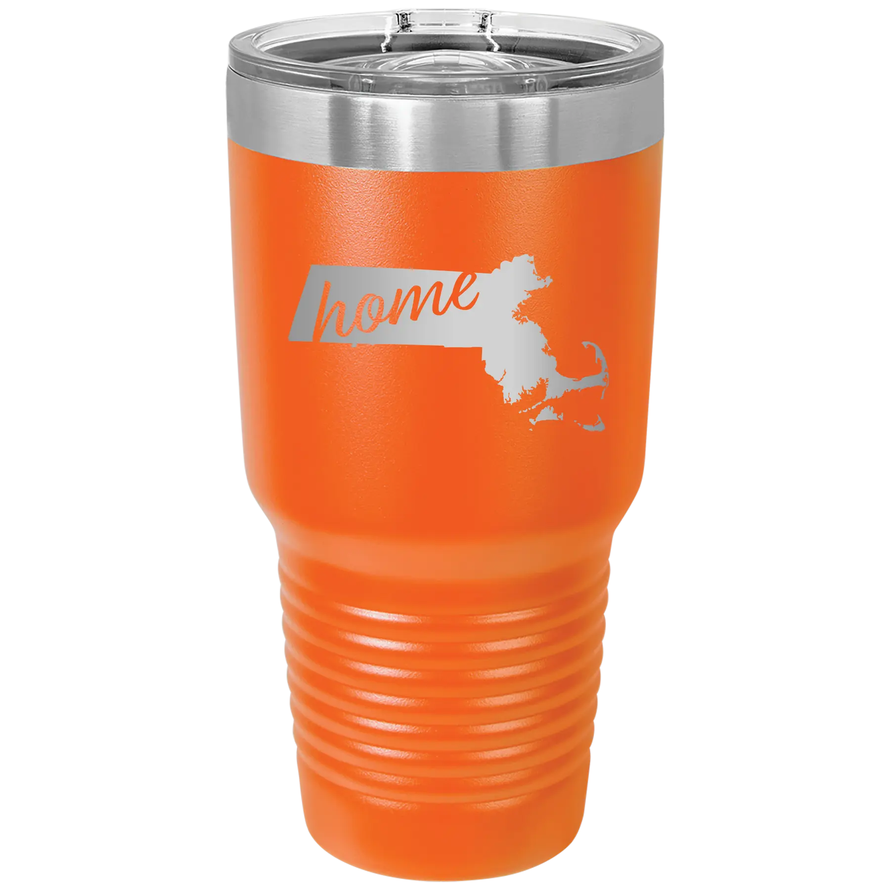 Laser etched orange 30 oz vacuum insulated tumbler with 'Massachusetts Home' design