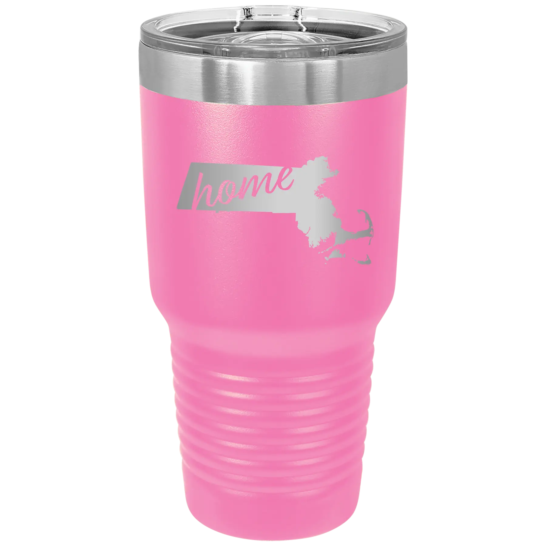 Laser etched pink 30 oz vacuum insulated tumbler with 'Massachusetts Home' design