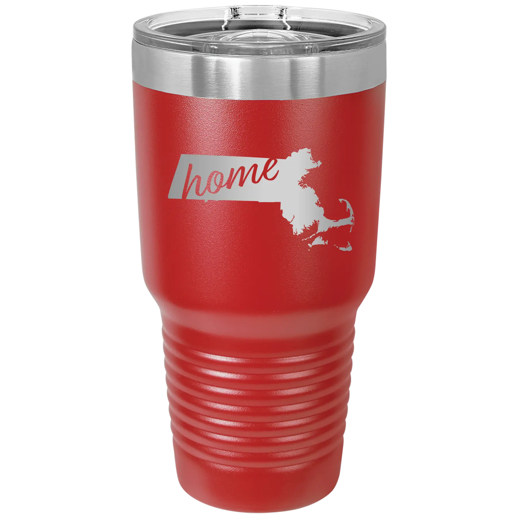 Laser etched red 30 oz vacuum insulated tumbler with 'Massachusetts Home' design