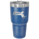 Laser etched royal blue 30 oz vacuum insulated tumbler with 'Massachusetts Home' design