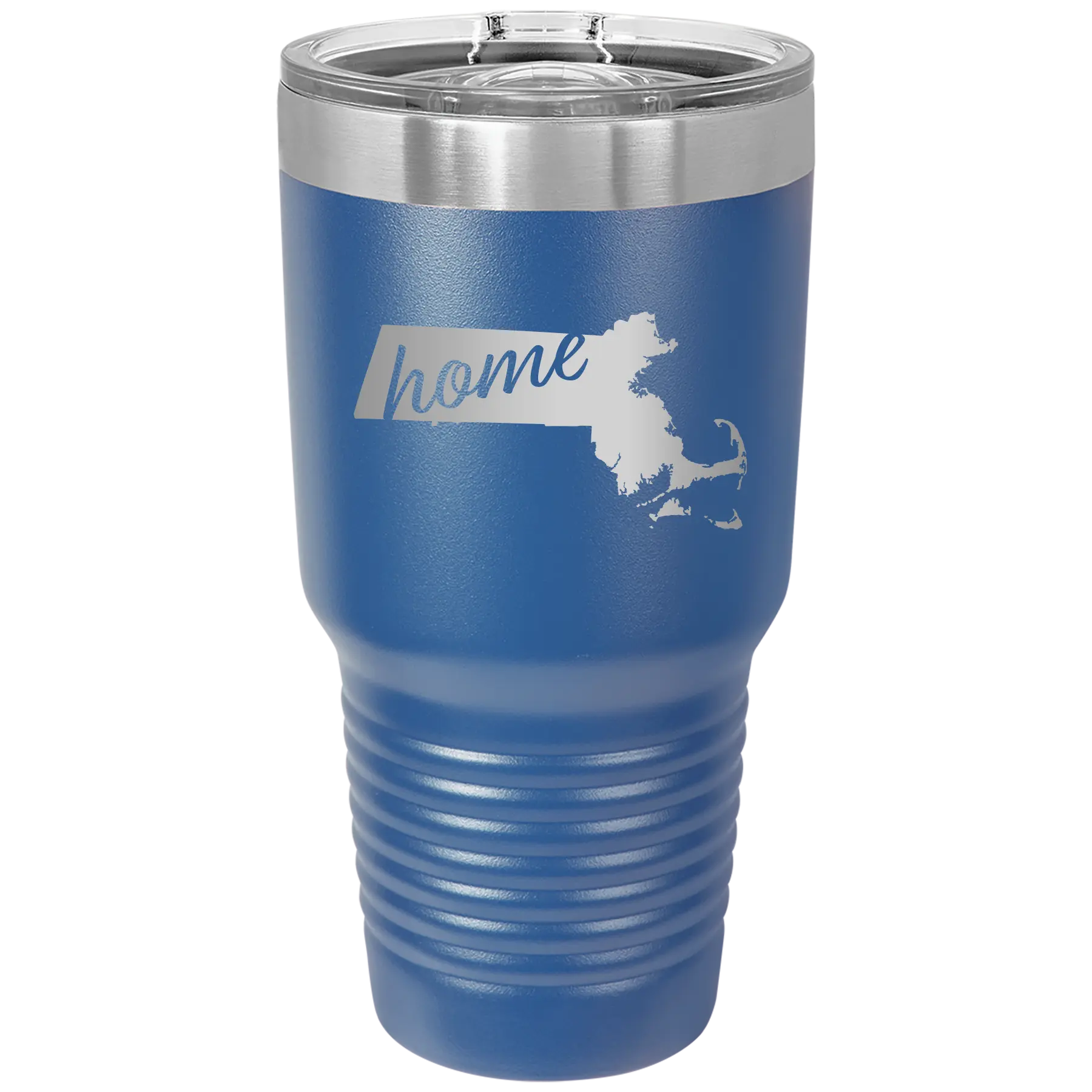 Laser etched royal blue 30 oz vacuum insulated tumbler with 'Massachusetts Home' design