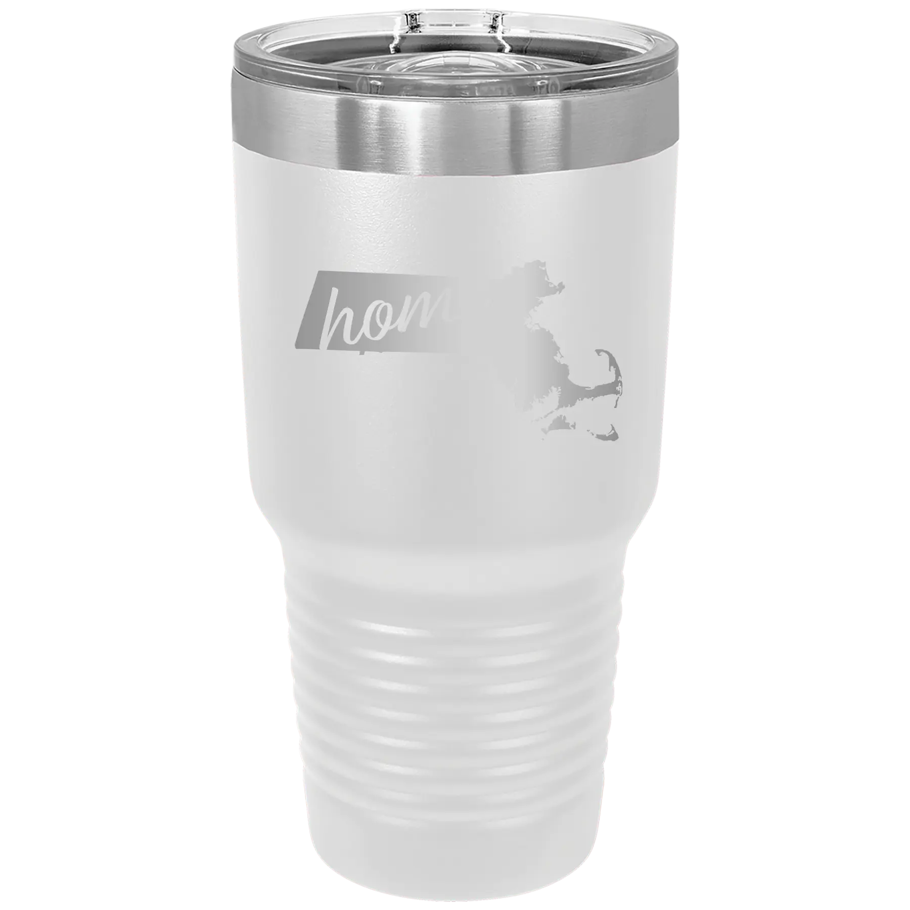 Laser etched white 30 oz vacuum insulated tumbler with 'Massachusetts Home' design