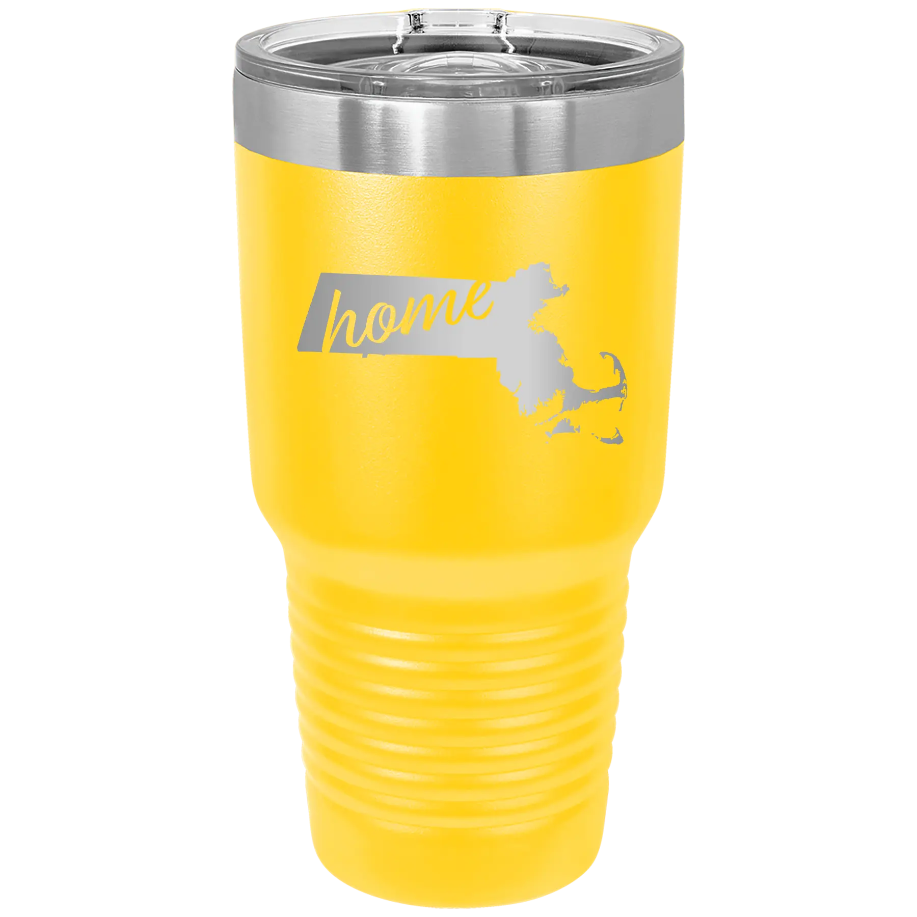 Laser etched yellow 30 oz vacuum insulated tumbler with 'Massachusetts Home' design