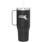 Laser etched black 40 oz vacuum insulated tumbler mug with 'Massachusetts Home' design