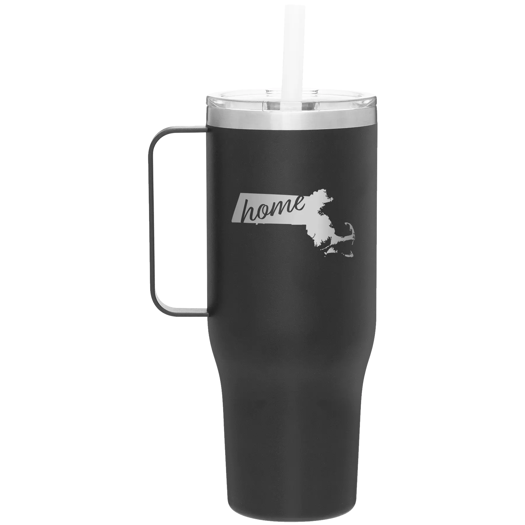 Laser etched black 40 oz vacuum insulated tumbler mug with 'Massachusetts Home' design