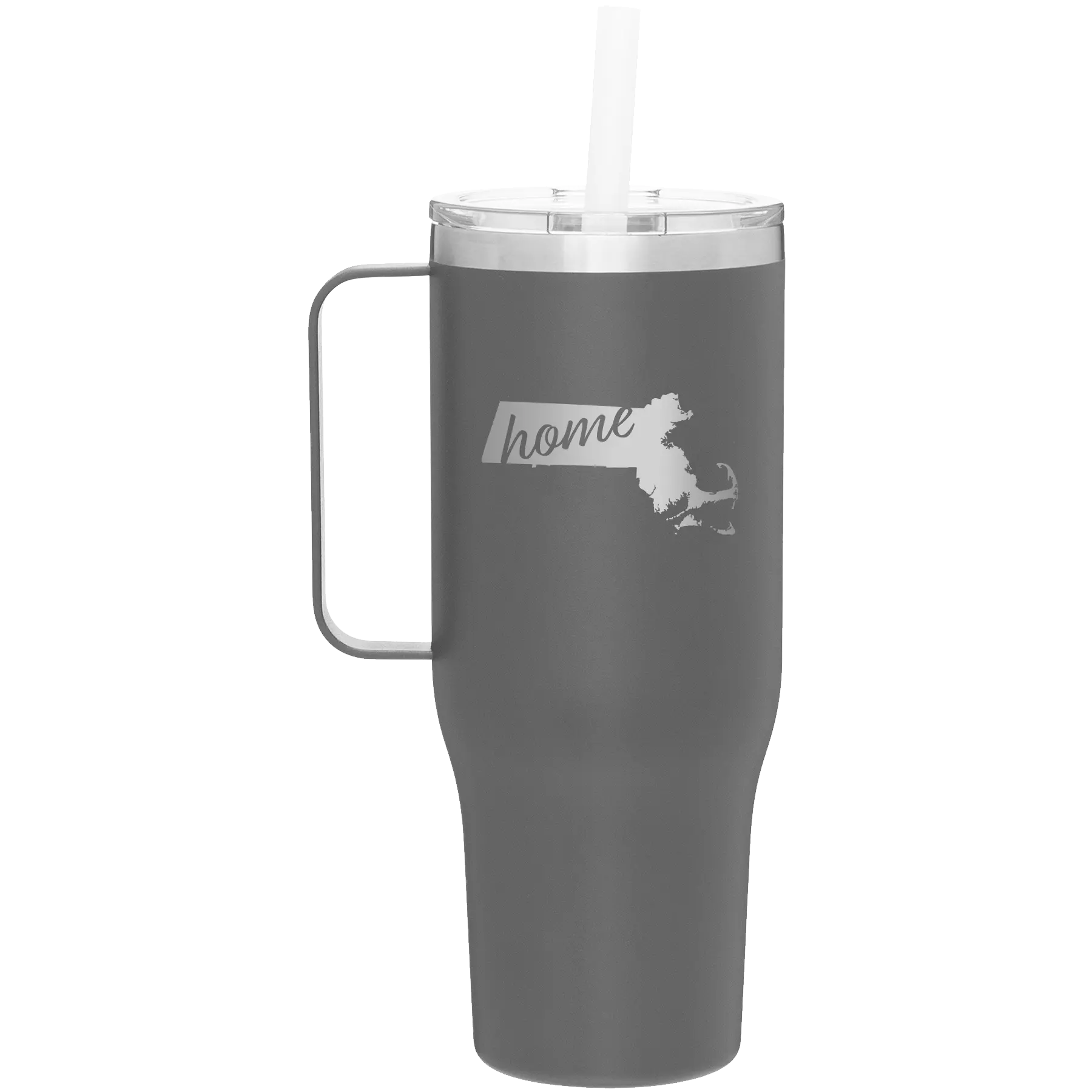 Laser etched slate 40 oz vacuum insulated tumbler mug with 'Massachusetts Home' design