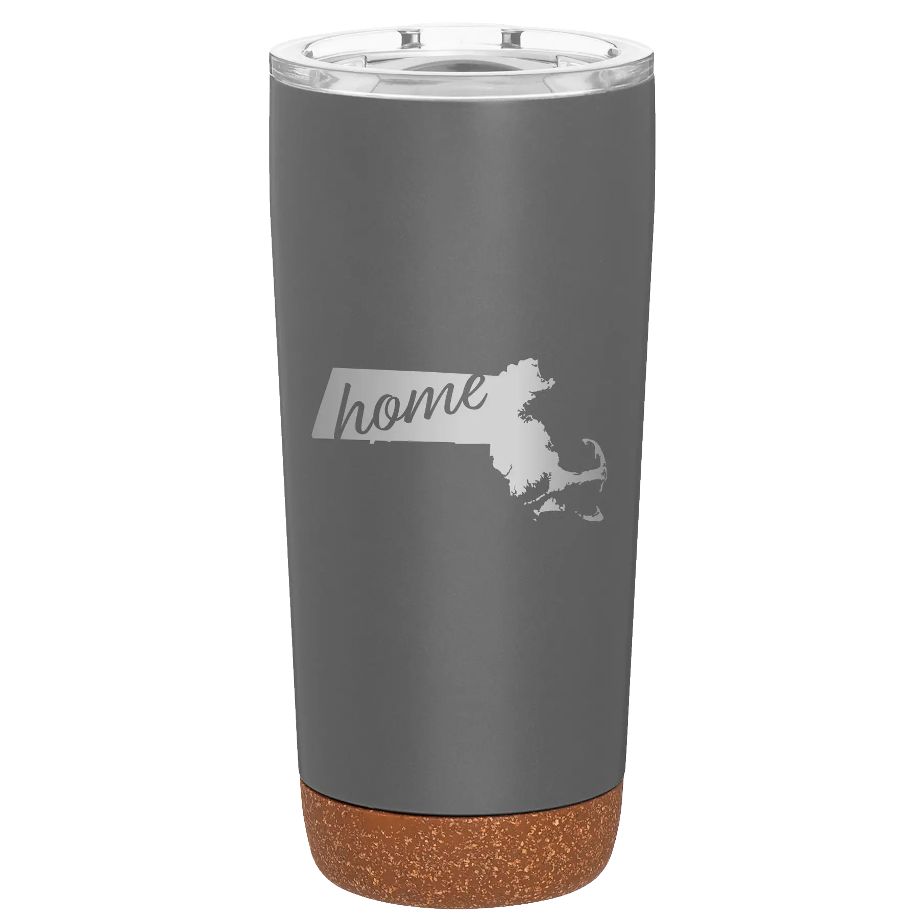 Laser etched storm gray 20 oz vacuum insulated tumbler with 'Massachusetts Home' design