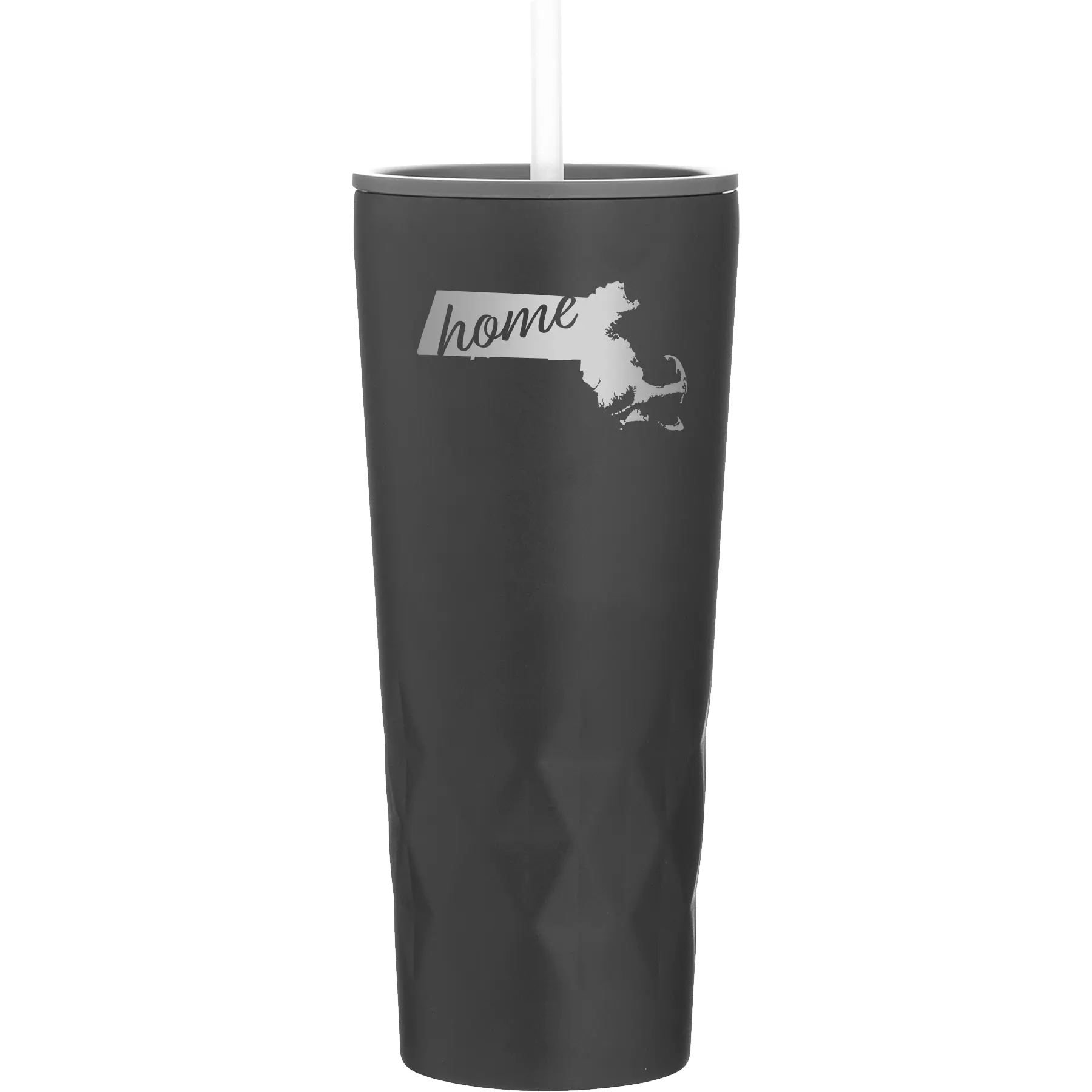 Laser etched black 20 oz vacuum insulated tumbler with 'Massachusetts Home' design