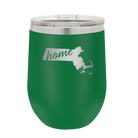 Laser etched green 12 oz vacuum insulated wine cup with 'Massachusetts Home' design
