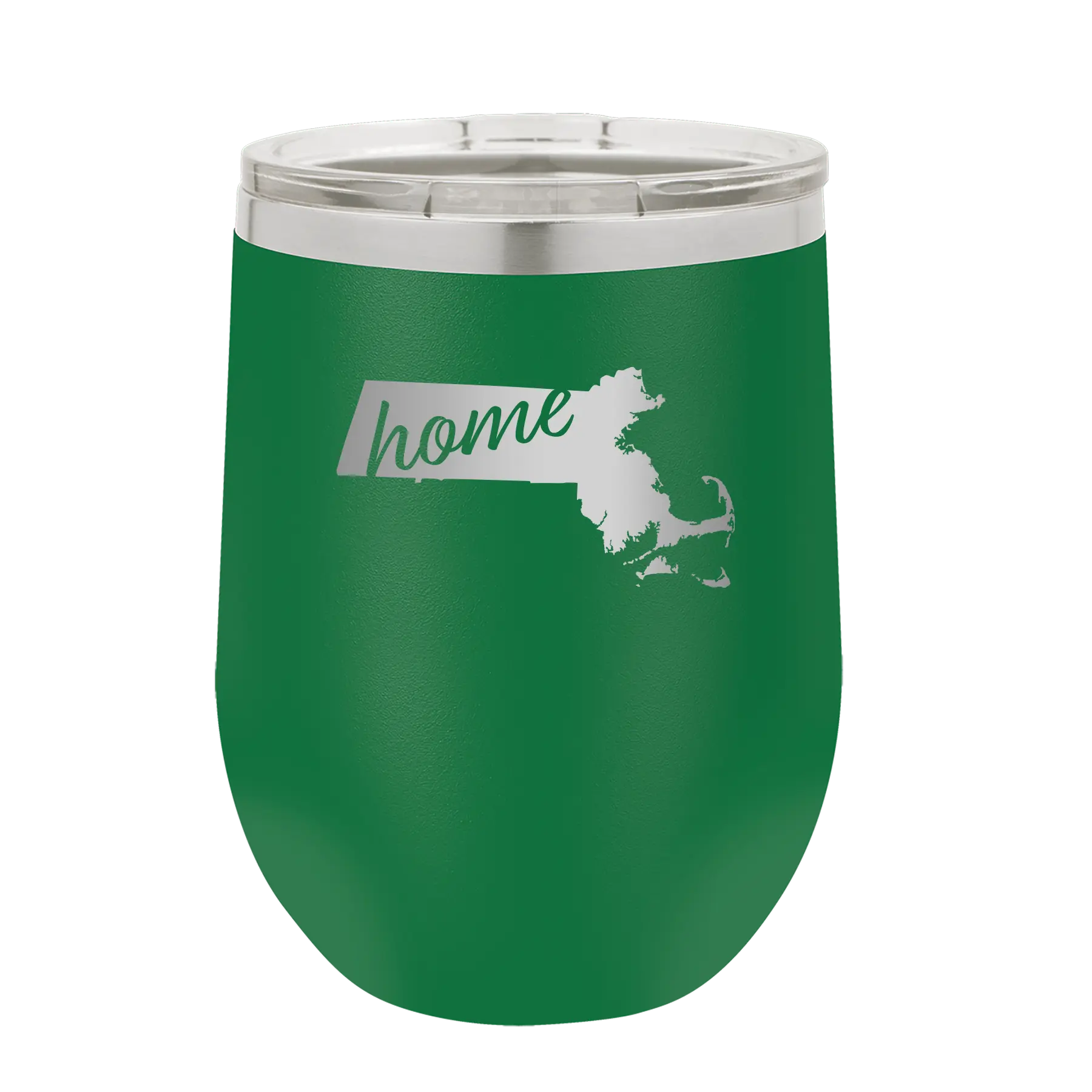 Laser etched green 12 oz vacuum insulated wine cup with 'Massachusetts Home' design