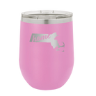 Laser etched light purple 12 oz vacuum insulated wine cup with 'Massachusetts Home' design