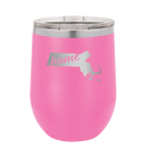 Laser etched pink 12 oz vacuum insulated wine cup with 'Massachusetts Home' design