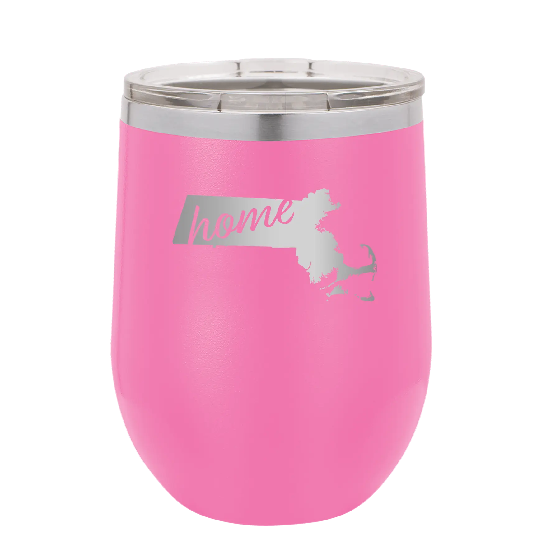 Laser etched pink 12 oz vacuum insulated wine cup with 'Massachusetts Home' design