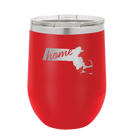 Laser etched red 12 oz vacuum insulated wine cup with 'Massachusetts Home' design