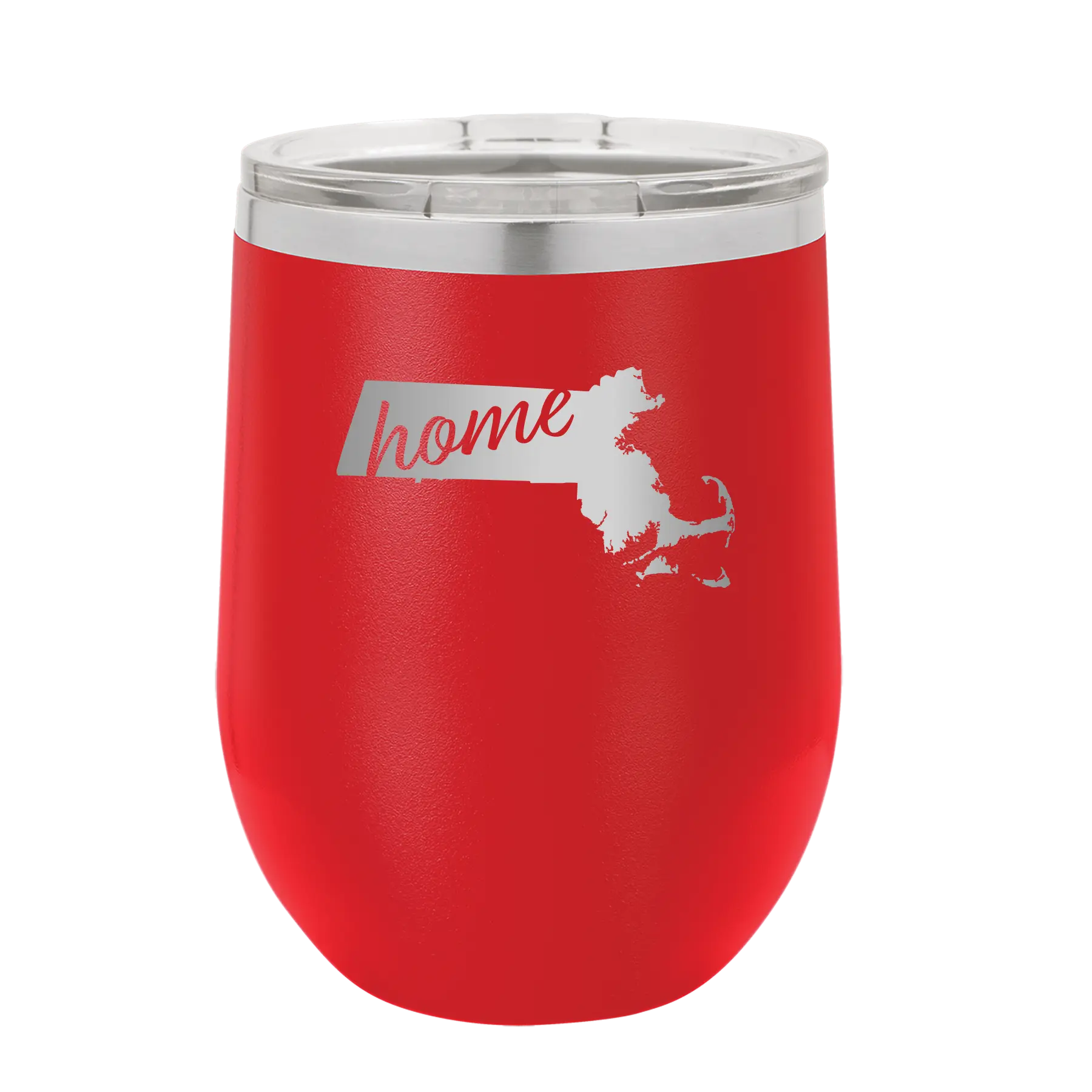 Laser etched red 12 oz vacuum insulated wine cup with 'Massachusetts Home' design