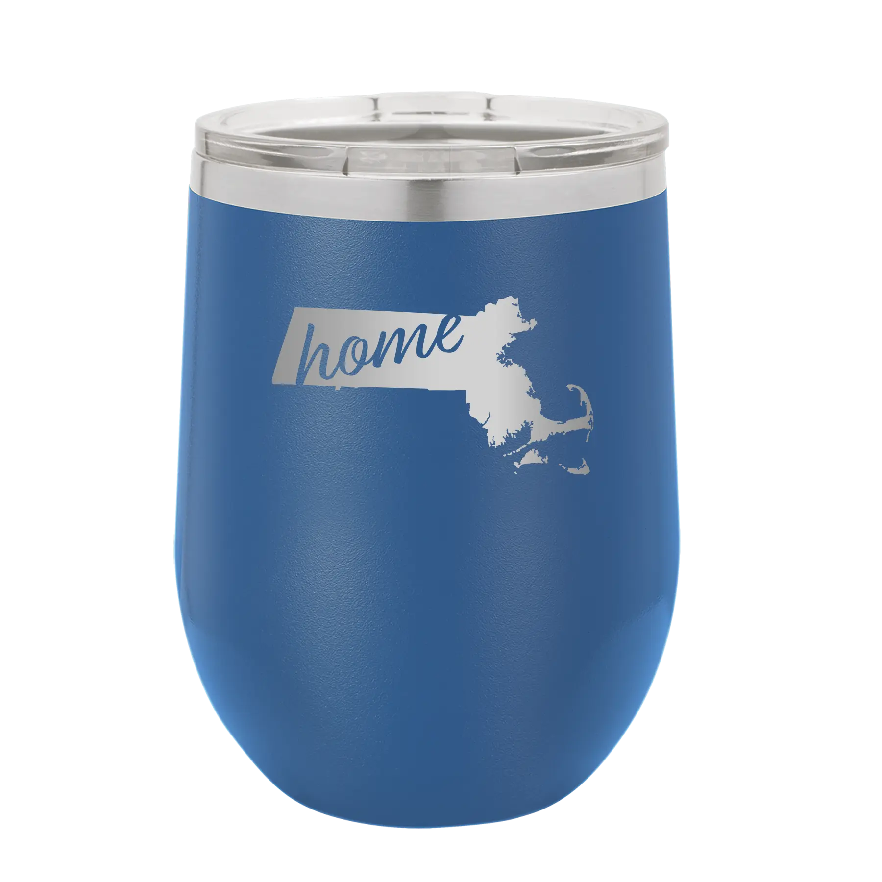Laser etched royal blue 12 oz vacuum insulated wine cup with 'Massachusetts Home' design