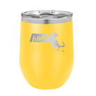 Laser etched yellow 12 oz vacuum insulated wine cup with 'Massachusetts Home' design