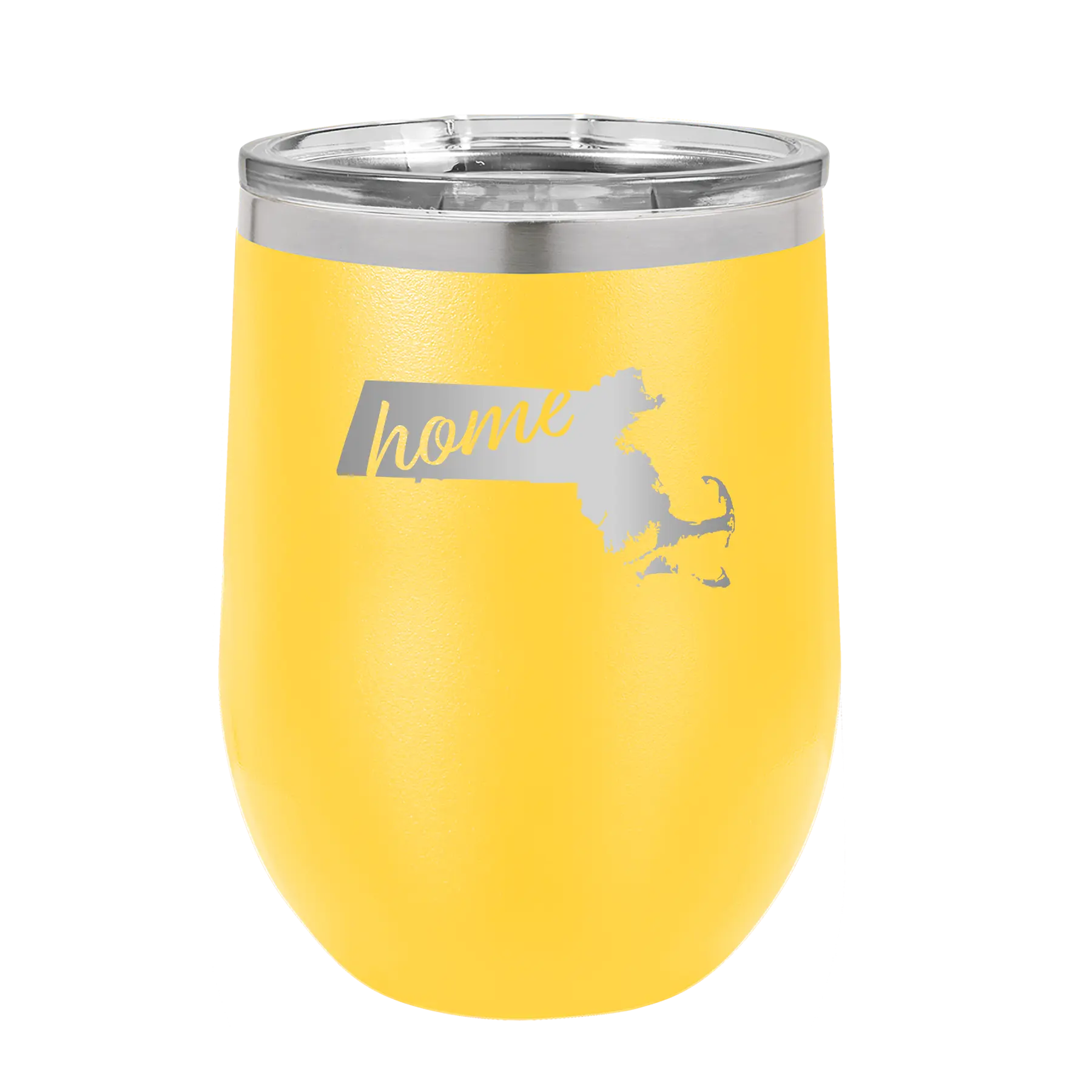 Laser etched yellow 12 oz vacuum insulated wine cup with 'Massachusetts Home' design
