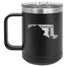 Laser etched black 15 oz vacuum insulated coffee mug with 'Maryland Home' design