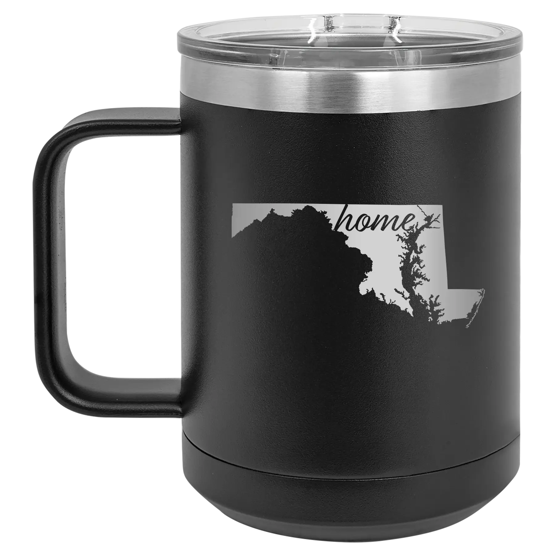 Laser etched black 15 oz vacuum insulated coffee mug with 'Maryland Home' design