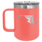 Laser etched coral 15 oz vacuum insulated coffee mug with 'Maryland Home' design