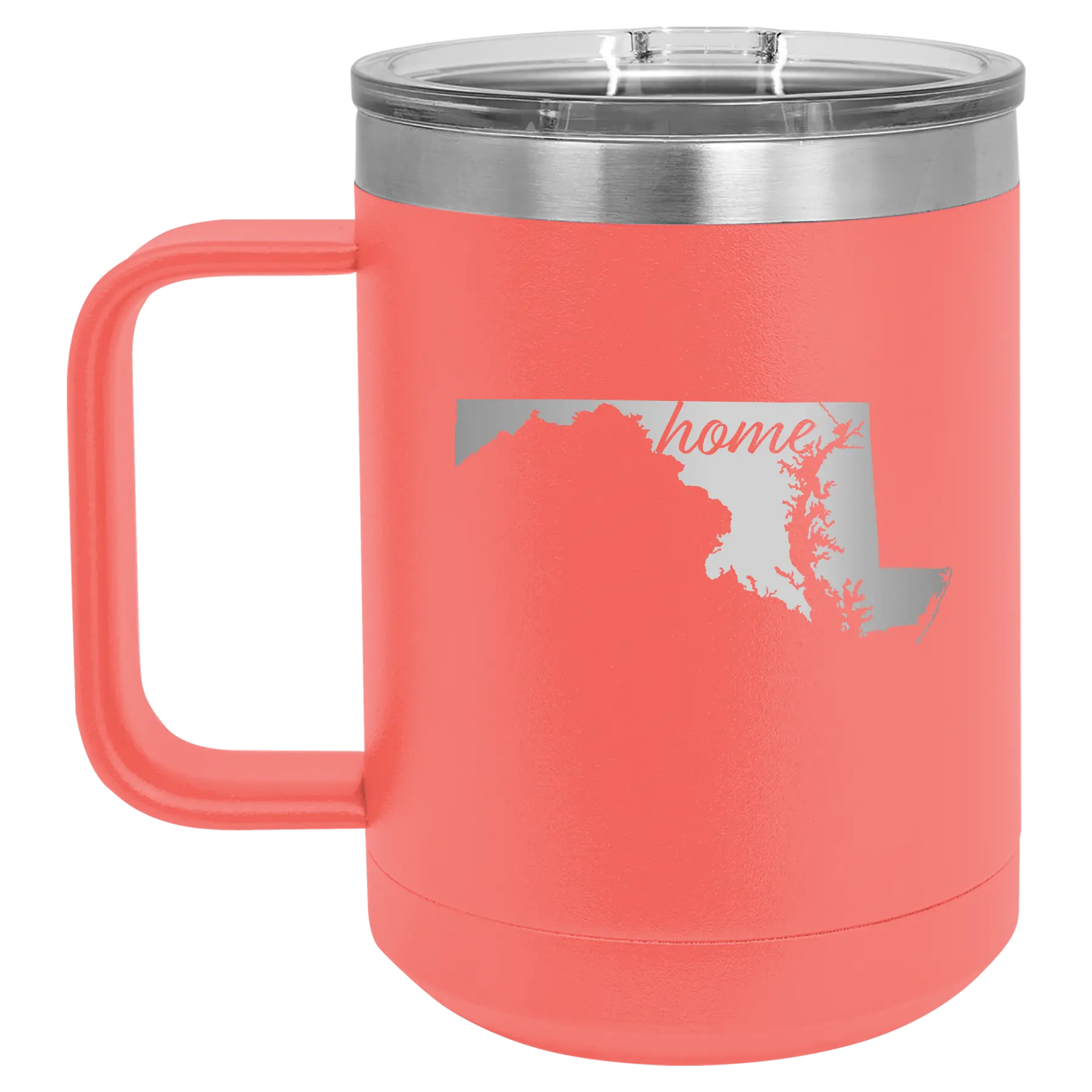 Laser etched coral 15 oz vacuum insulated coffee mug with 'Maryland Home' design