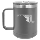 Laser etched dark gray 15 oz vacuum insulated coffee mug with 'Maryland Home' design