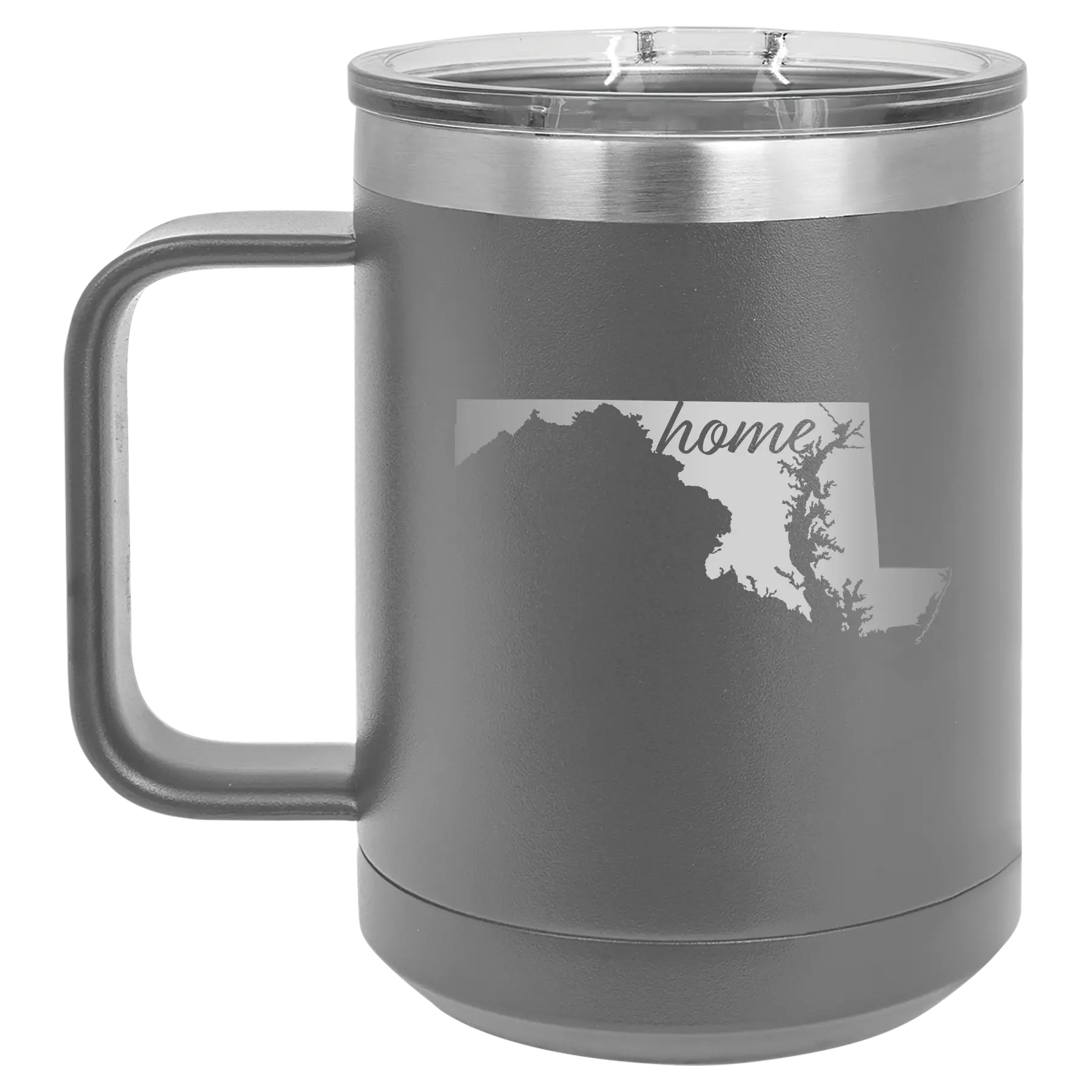 Laser etched dark gray 15 oz vacuum insulated coffee mug with 'Maryland Home' design