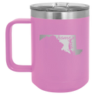 Laser etched light purple 15 oz vacuum insulated coffee mug with 'Maryland Home' design