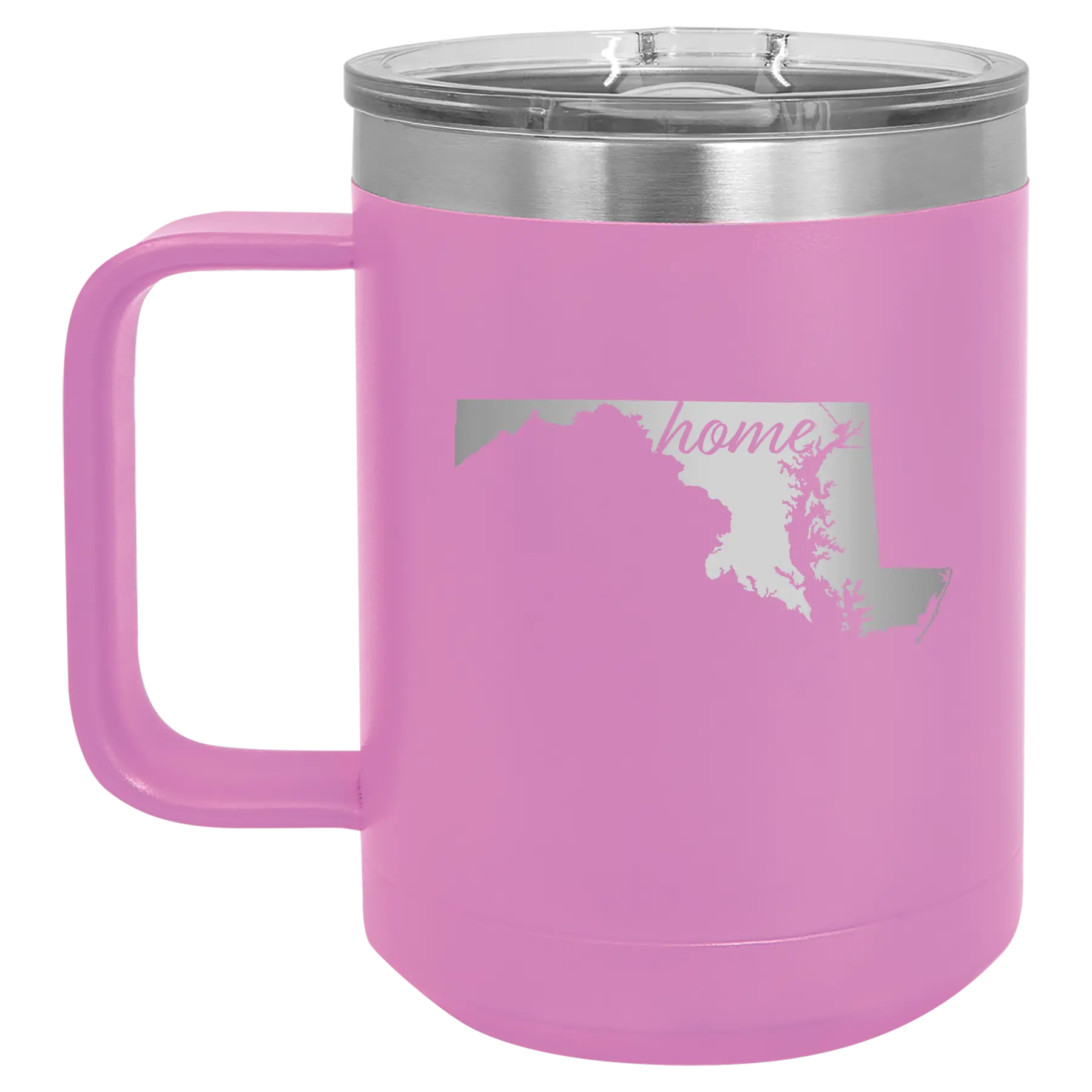 Laser etched light purple 15 oz vacuum insulated coffee mug with 'Maryland Home' design