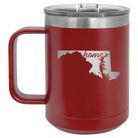 Laser etched maroon 15 oz vacuum insulated coffee mug with 'Maryland Home' design
