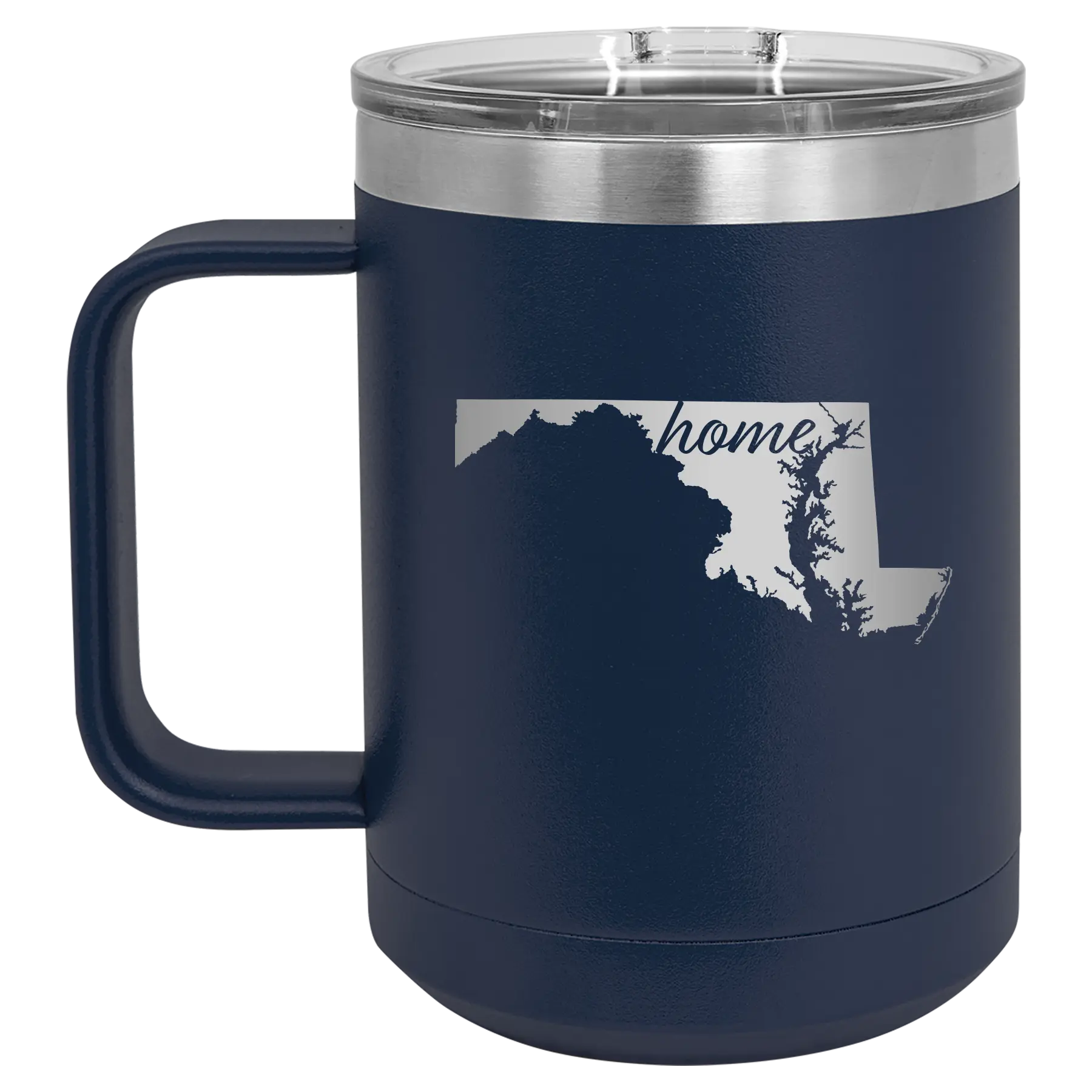Laser etched navy 15 oz vacuum insulated coffee mug with 'Maryland Home' design