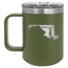 Laser etched olive green 15 oz vacuum insulated coffee mug with 'Maryland Home' design