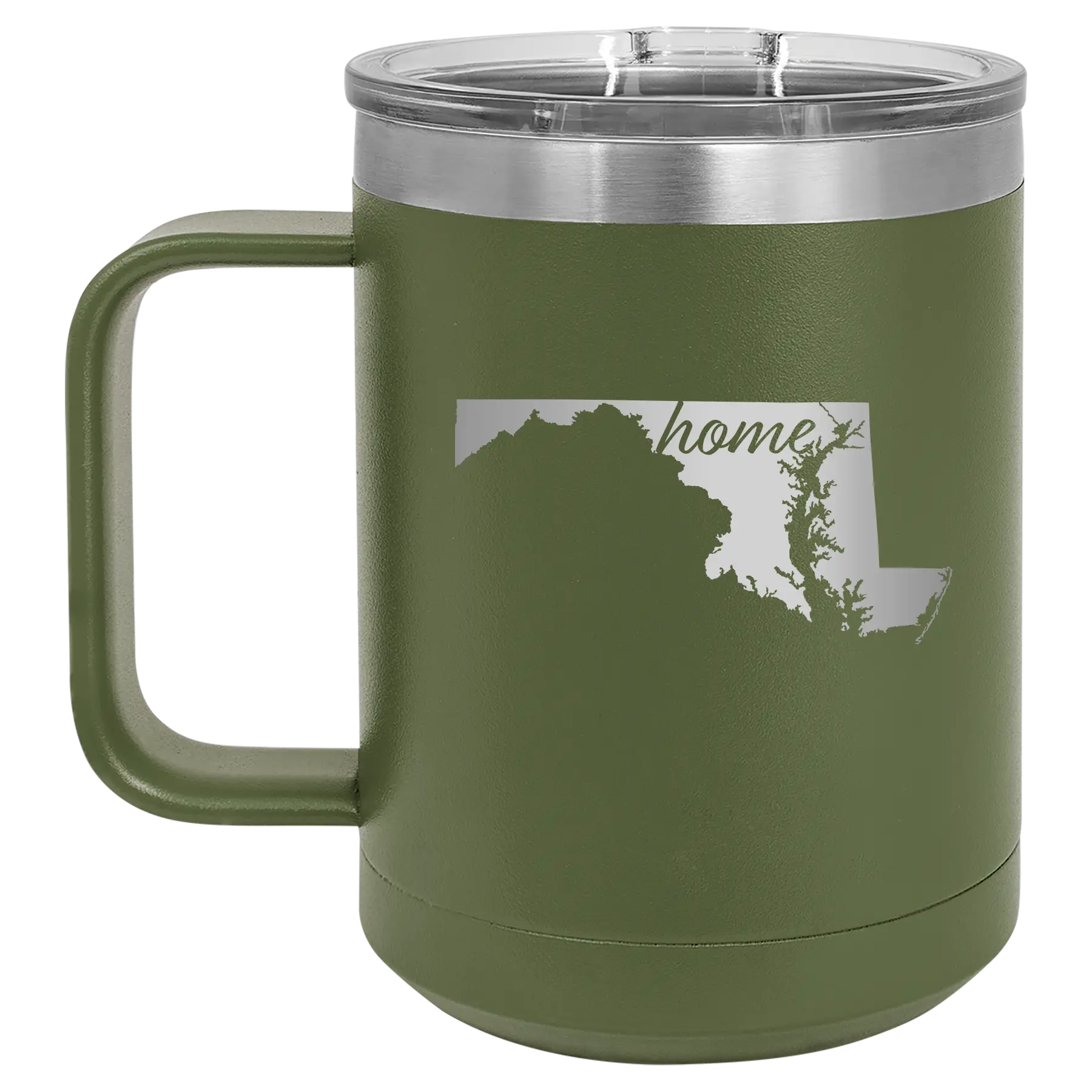 Laser etched olive green 15 oz vacuum insulated coffee mug with 'Maryland Home' design