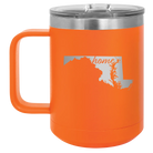 Laser etched orange 15 oz vacuum insulated coffee mug with 'Maryland Home' design