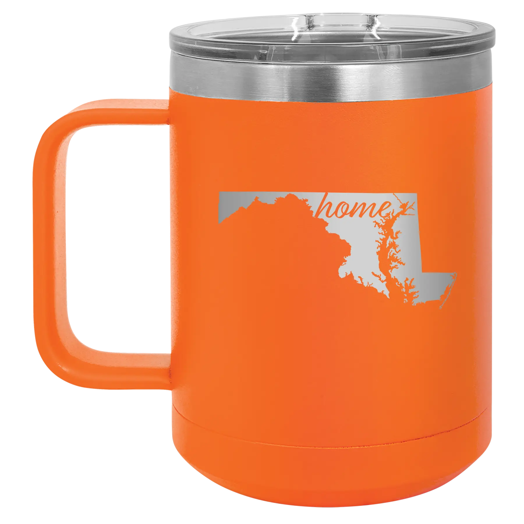 Laser etched orange 15 oz vacuum insulated coffee mug with 'Maryland Home' design
