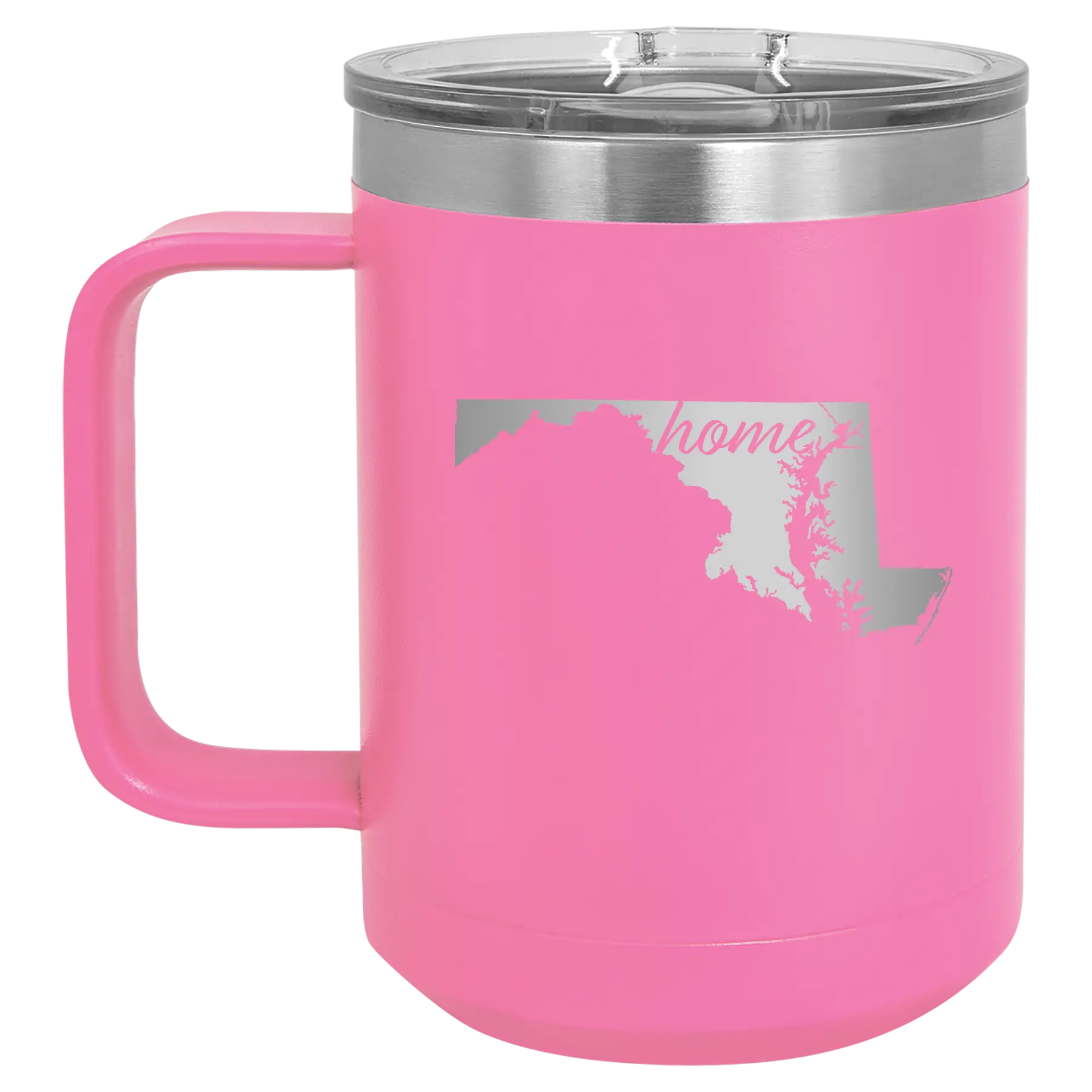 Laser etched pink 15 oz vacuum insulated coffee mug with 'Maryland Home' design