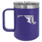 Laser etched purple 15 oz vacuum insulated coffee mug with 'Maryland Home' design