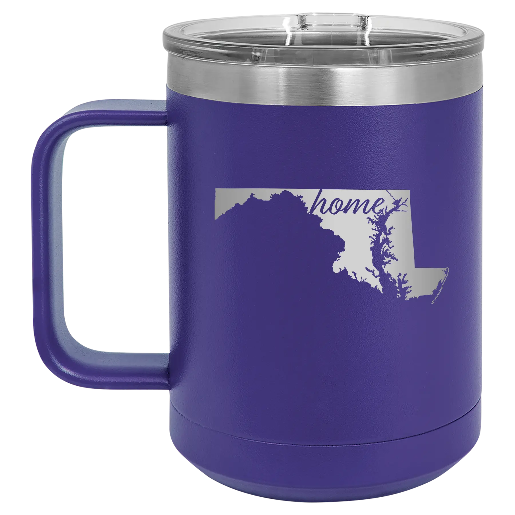 Laser etched purple 15 oz vacuum insulated coffee mug with 'Maryland Home' design