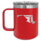 Laser etched red 15 oz vacuum insulated coffee mug with 'Maryland Home' design