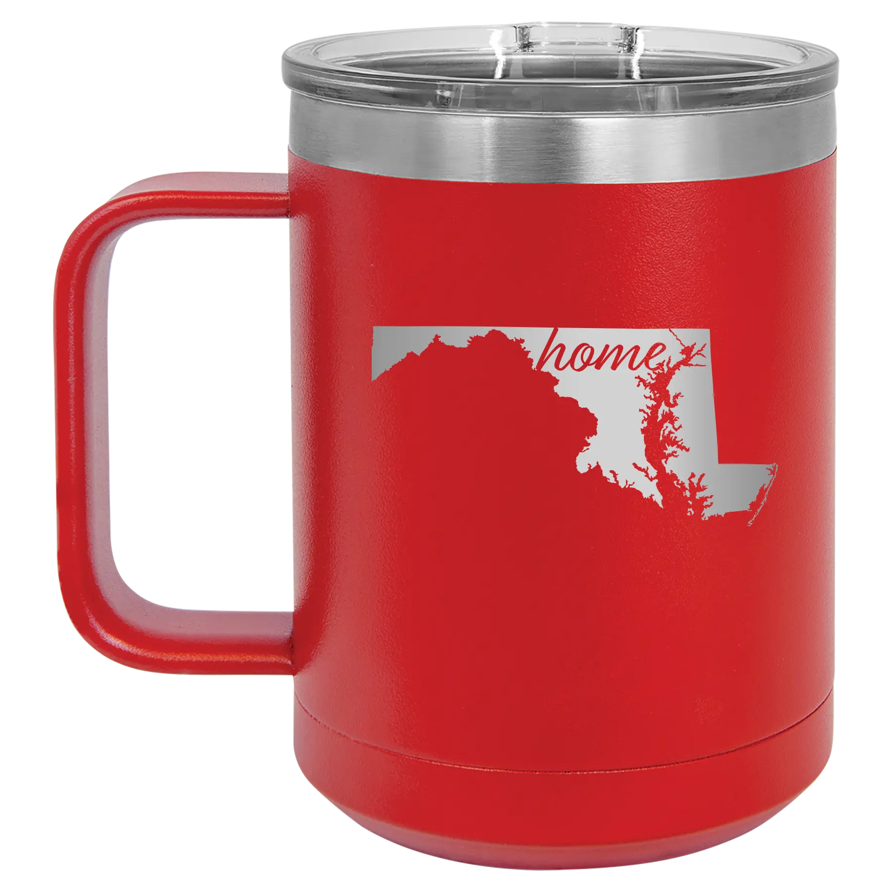 Laser etched red 15 oz vacuum insulated coffee mug with 'Maryland Home' design
