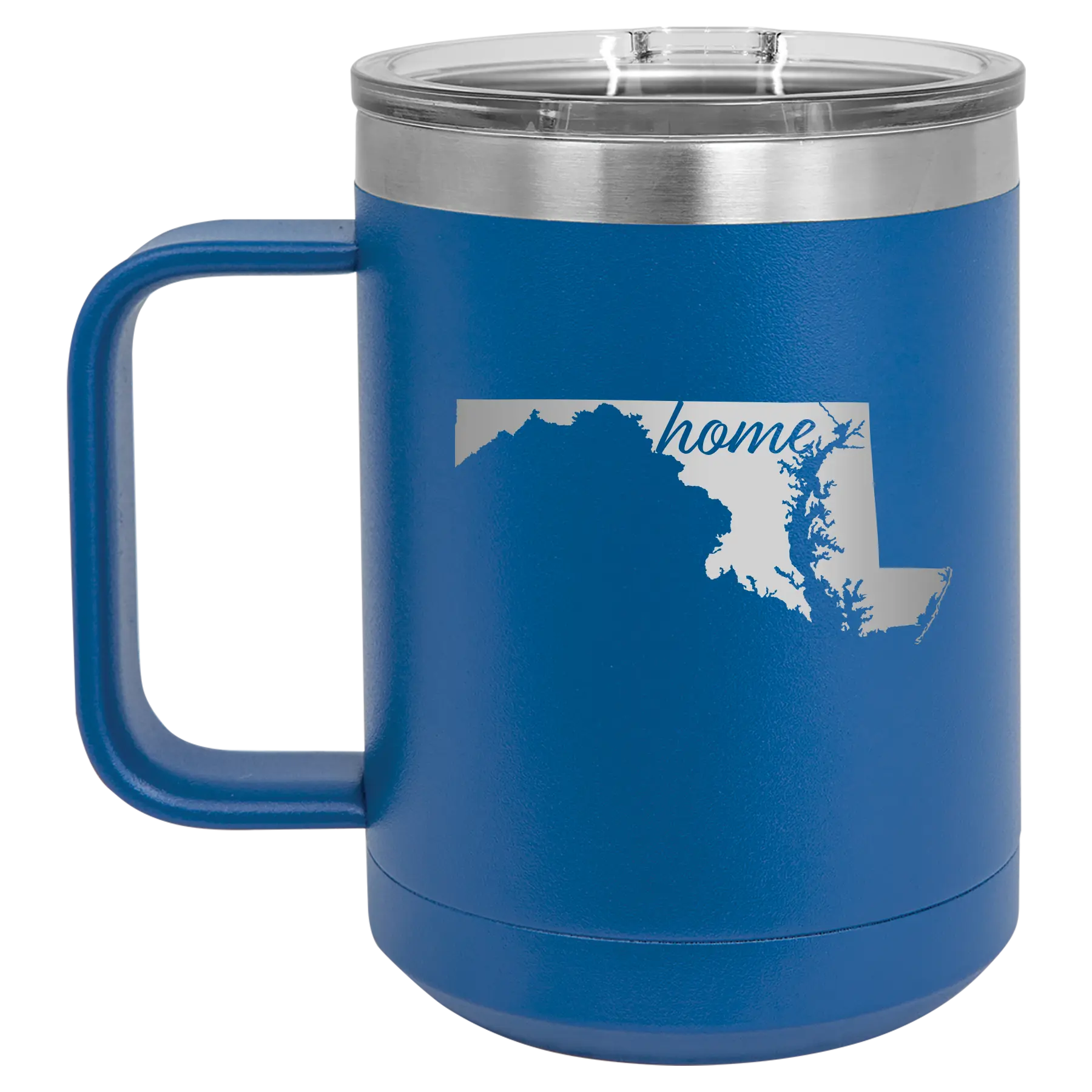 Laser etched royal blue 15 oz vacuum insulated coffee mug with 'Maryland Home' design