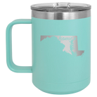 Laser etched teal 15 oz vacuum insulated coffee mug with 'Maryland Home' design