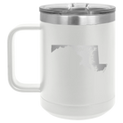 Laser etched white 15 oz vacuum insulated coffee mug with 'Maryland Home' design