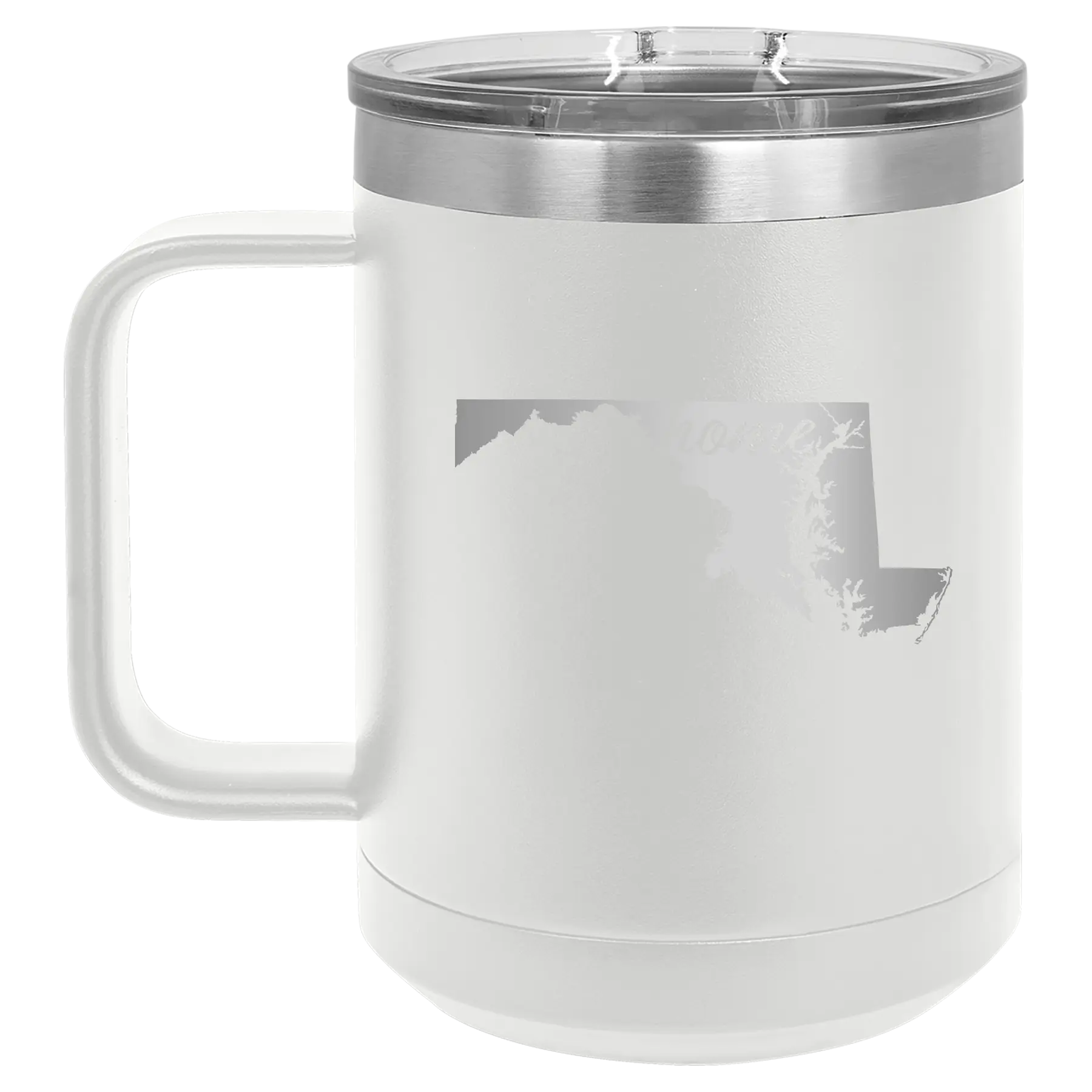 Laser etched white 15 oz vacuum insulated coffee mug with 'Maryland Home' design
