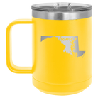 Laser etched yellow 15 oz vacuum insulated coffee mug with 'Maryland Home' design