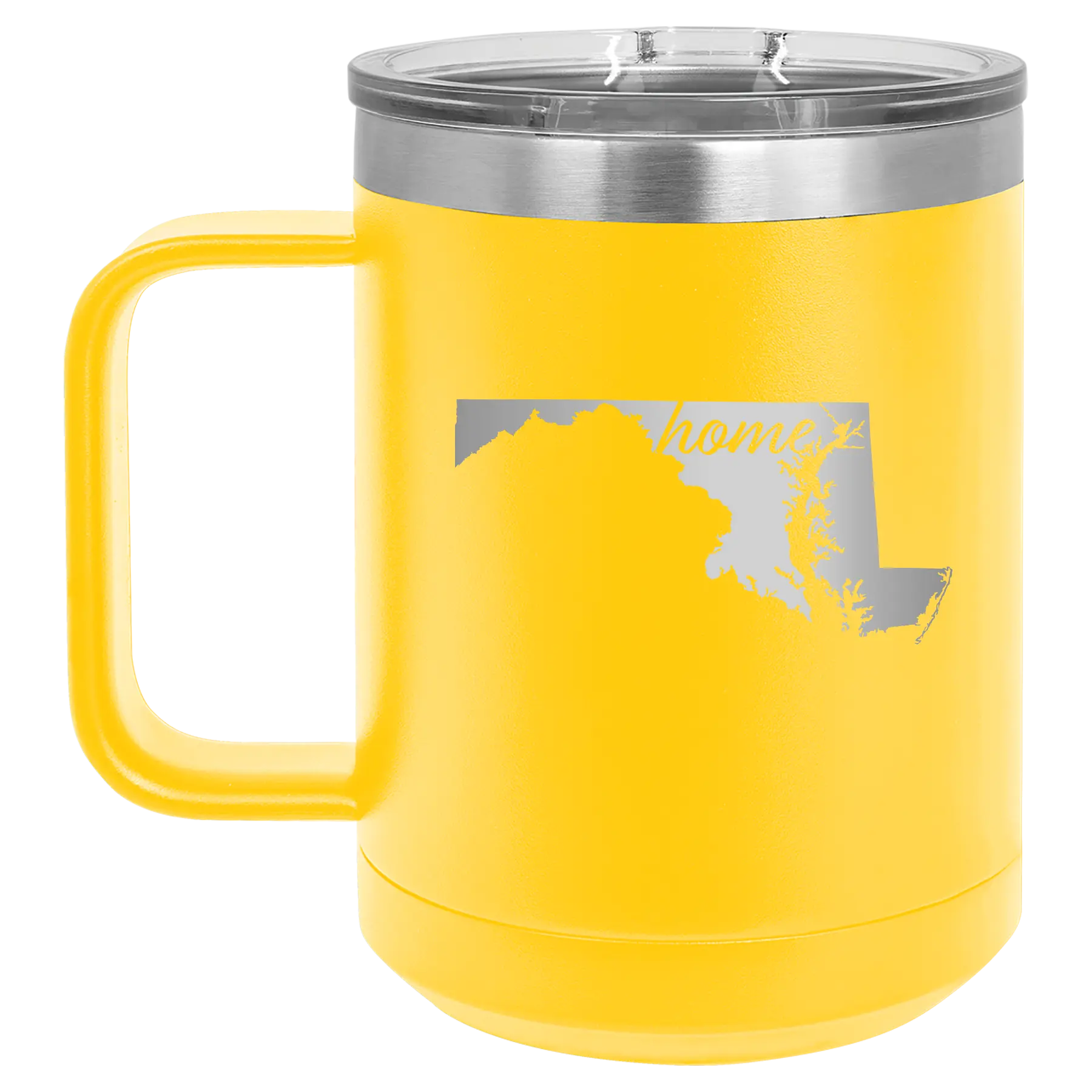 Laser etched yellow 15 oz vacuum insulated coffee mug with 'Maryland Home' design