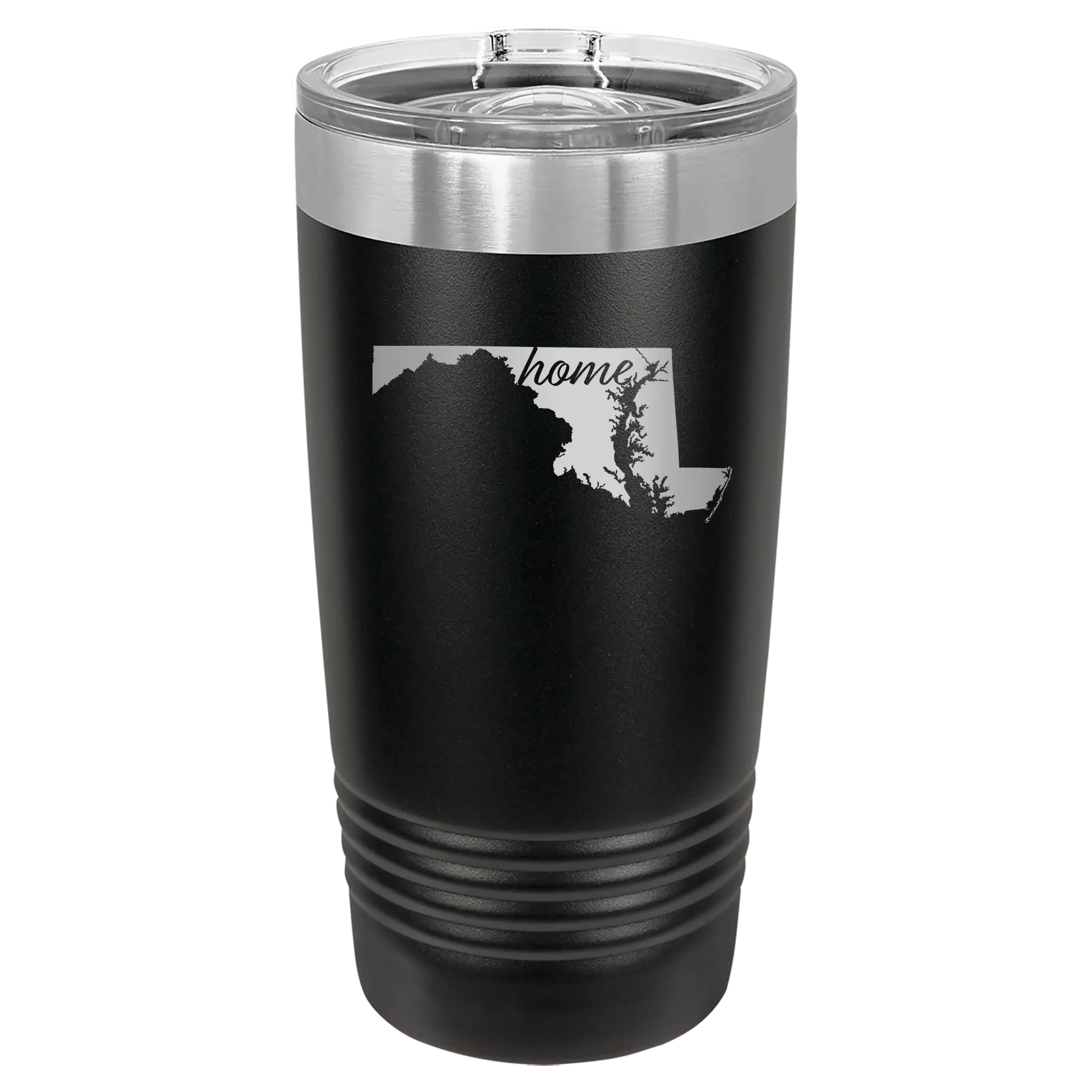 Laser etched black 20 oz vacuum insulated tumbler with 'Maryland Home' design