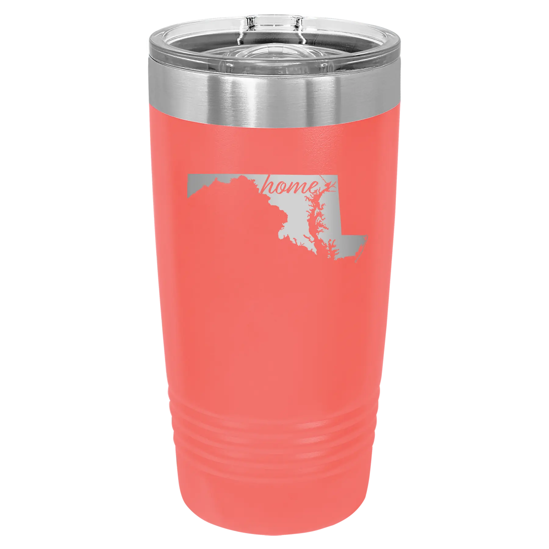 Laser etched coral 20 oz vacuum insulated tumbler with 'Maryland Home' design
