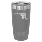 Laser etched dark gray 20 oz vacuum insulated tumbler with 'Maryland Home' design